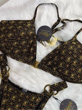 Asherah swim Black and Gold Medallion Pattern Bikini Top